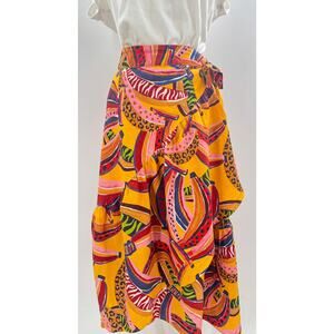 Farm Rio Yellow Linen Tropical Banana Wrap Skirt Midi Floral Ruffle Large